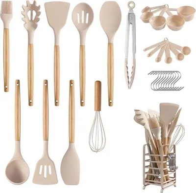 Immagine prodotto di Set di utensili da cucina in silicone, resistente al calore, con rivestimento antiaderente, color cachi
