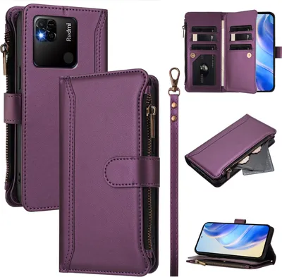 Image de Étui pour Xiaomi Redmi 10A, étui à fermeture éclair en cuirPolyuréthaneavec pochettes pour cartes, support et boucle pour les mains Violet