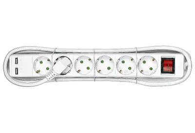 A white power strip with multiple outlets and two USB ports, lying on a white background.
