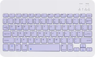 A white portable Bluetooth keyboard with purple keys is shown from a top-down perspective on a white background.