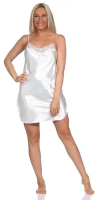 Produktbild von Damen Negligé Satin Nachtkleid Reizwäsche mit Spitze; Ecru/S/36