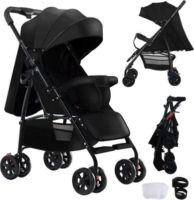 Productafbeelding van Kinderwagen Lichtgewicht - Babybuggy Inklapbaar - Comfortabel Reizen - Verstelbare Ligpositie - 46 kg - Zwart