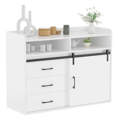 Image de HOMAVO HG1-S Sideboard 107 cm - Buffet de salon moderne avec 3 tiroirs, 1 porte coulissante & 2 compartiments ouverts, bois