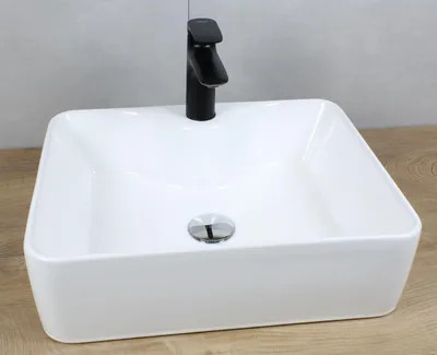 Produktbild von Keramik Waschbecken rechteckig abgerundet 480x380x140 weiß ohne Überlauf Aufsatzwaschbecken mit Pop-Up Ablauf chrom