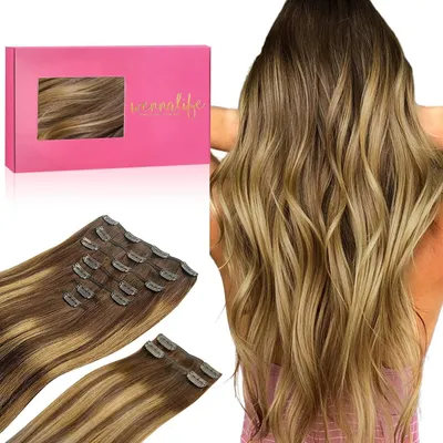 Immagine prodotto di Extensioni a clip in, capelli naturali, 150g, 45cm, 9 pezzi, tecnica balayage, dal marrone cioccolato al biondo caramello