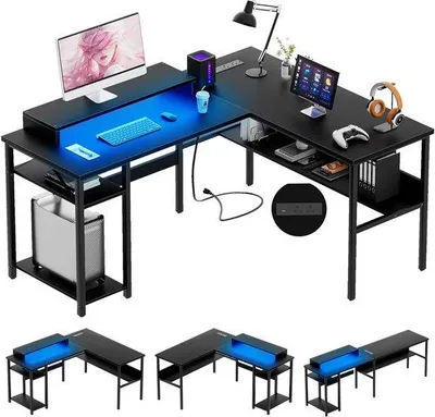 Productafbeelding van L-vormig gamingbureau met LED-verlichting, omkeerbaar computerbureau met opbergplanken, hoektafel met monitorstandaard voor thuis en kan