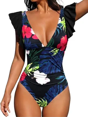 Damen Monokini mit Rüschen und V-Ausschnitt - Elegante Bademode, Schwimmbekleidung und Strandoutfit für den Sommer