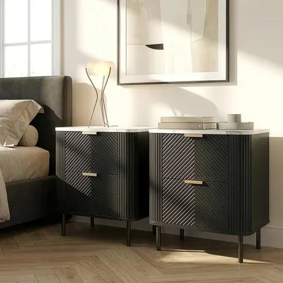 Produktbild von Nachttisch 2er Set Olvehok 55 x 52 x 38 cm Nachtschrank mit 2 Schubladen Beistelltisch Nachtkommode Metallbeine Nachtkästchen Schwarz/Marmoroptik, weiß