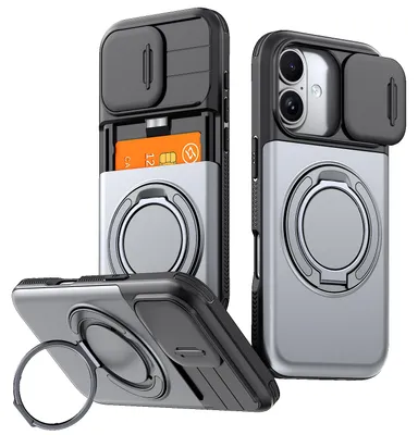 Produktbild von Handyhülle mit Kartenfach für iPhone 17/iPhone 16 Pro, Schiebe Kameraschutz, Ringhalter Ständer, Stoßfeste Schutzhülle Grau