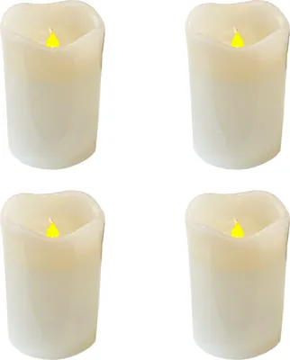 Four white LED candles with yellow flames are arranged in a two-by-two grid against a white background.