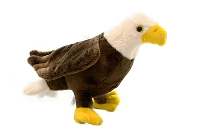 A plush toy eagle is shown against a white background.