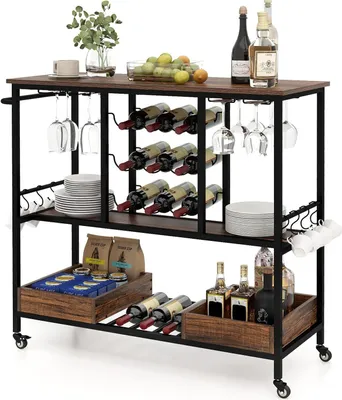 A multi-tiered bar cart with wine and glass holders, set against a white background.