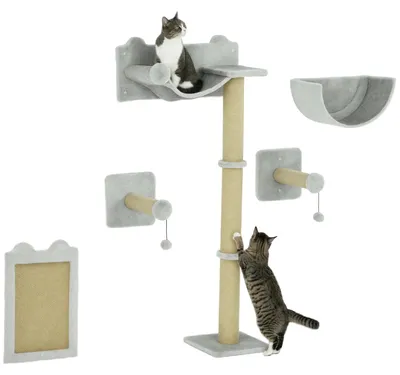 Immagine prodotto di Set parete da arrampicata per gatti - Tiragraffi da parete - 5 pezzi in legno - Con amaca e tronco da graffiare - Tre livelli