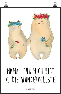Produktbild von Mr. & Mrs. Panda Bild Bären mit Blumenkranz DIN A0 - Weiß - Geschenk, Muttertag, Mama, Familie, Bär, Plakat, wanddeko, drucke, Wanddekoration, Kunstdruck