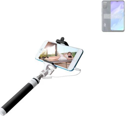 Produktbild von K-S-Trade Selfie Stick kompatibel mit Tecno Pop 5X  Selfiestick kabelgebunden Monopod mit Kabel Stab Stange Selfportrait Handheldstick schwarz 1x
