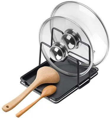 Image de Organisateur de cuisine 2 en 1 – Support multifonctionnel pour couvercles et égouttoirs – Blanc, métal/plastique – Organisation de la cuisine