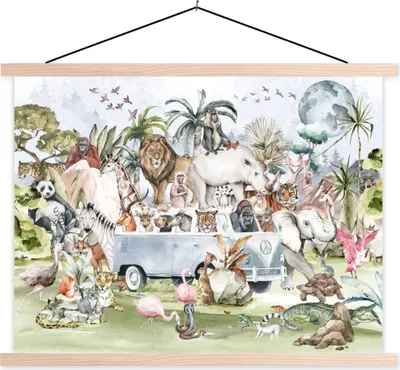 Produktbild von MuchoWow® Textilposter Dschungel - Bus - Tiere - Kinder - Pflanzen 40x30 cm mit holzfarbenen Rahmen - Bilder