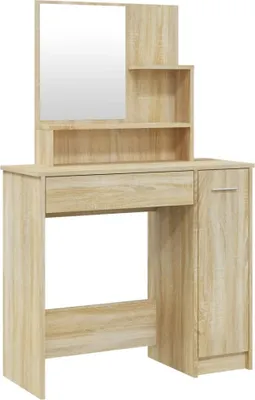 A light brown wooden dressing table with a mirror and shelves.