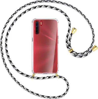 Produktbild von Handykette Backcover-Schutzhülle mit Band (Metall goldfarben) für Oppo A91 / F15 / Reno3 - schwarz/grau/weiß