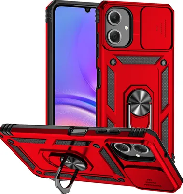 Immagine prodotto di Custodia per Samsung Galaxy A06 a doppio strato con copertura scorrevole della fotocamera e supporto ad anello Rosso