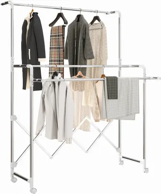 Image de Séchoir à linge - 3 étages pliable - barres réglables et extensibles - 4 roulettes - autoportant - cadre métallique - argent - taille L