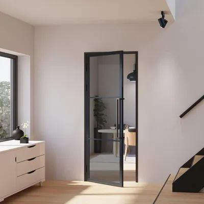 Produktbild von inova Loft-Glastür 834 x 1972 mm, DIN Links, 3 Felder Grauglas, Stahlrahmen Schwarz, Komplettset mit Zarge und Griffstange