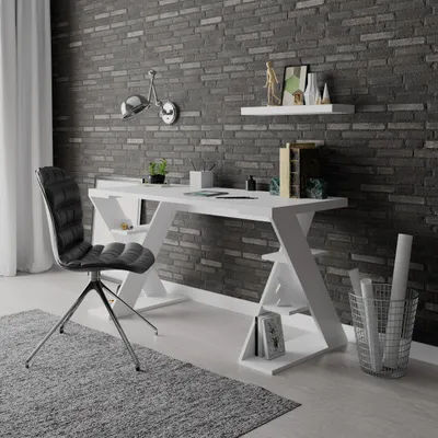 Immagine prodotto di Scrivania Papillon bianca con gambe a X e ripiani integrati 137x60x75