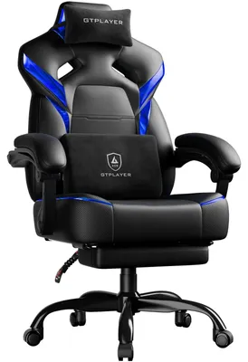 Obrázok produktu pre Herná stolička – kancelárska stolička – s podnožkou – ergonomická – nosnosť 200 kg – nastaviteľné podrúčky – opierka hlavy a bedier – otočná – modrá