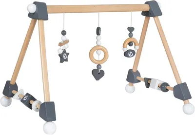Productafbeelding van Houten Baby Speelboog Rock Star Baby 3 - Speeltrapeze met 3 Hangers en Draaibare Vormen - Stevige Activity Center - Natuurlijk - Antraciet