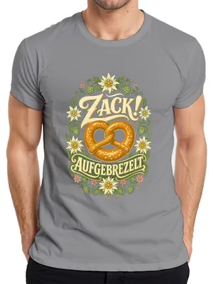Produktbild von Zack! Aufgebrezelt Brezel Edelweiß Tracht Bayern Lederhose Dirndl Herren T-Shirt, Grau, XL