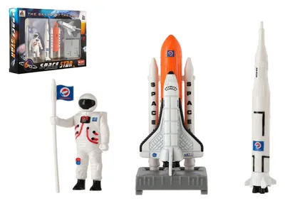 Image de Jeu de 6 figurines d'astronautes en métal/plastique, avec un vaisseau spatial et des accessoires, dans une boîte de 25x17x4,5 cm