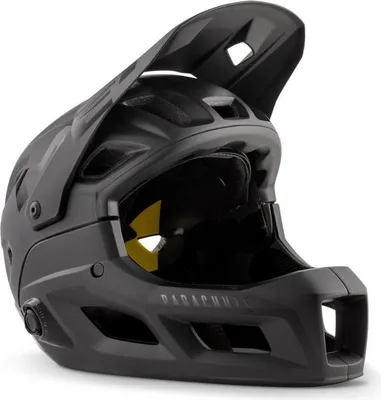 A black full-face helmet for cycling.