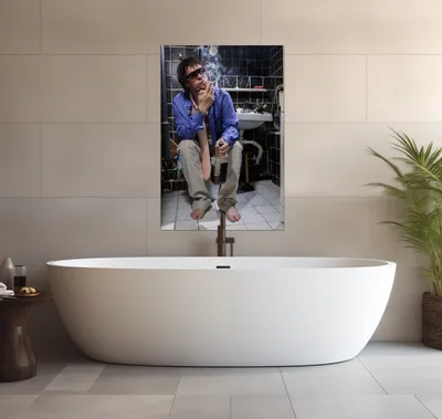 Produktbild von Wallario wasserfestes Poster selbstklebend 91,50 x 61 cm, Kloparty - Sexy Mann auf Toilette mit Zigarette, Badezimmerposter Spritzschutz mit Hochglanzoberfläche in Glasoptik