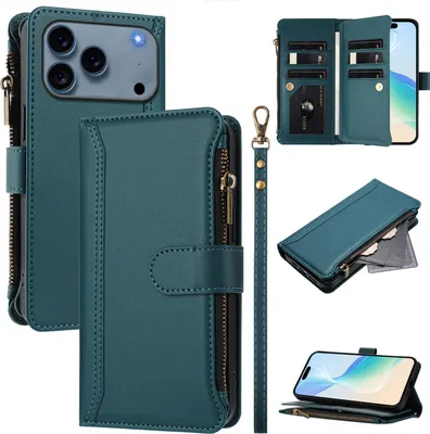 Image de Etui pour iPhone 17 Pro, zippé, étui portefeuille en cuirPolyuréthaneavec pochettes pour cartes, support et dragonne, vert