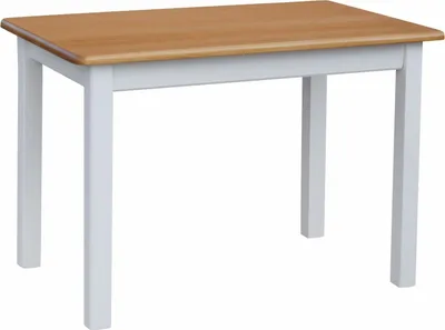 A simple wooden table with white legs and a brown top, isolated on a white background.