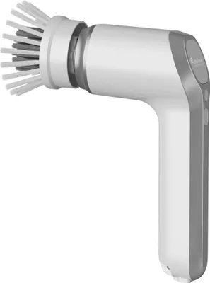 A white and gray electric cleaning brush with a brush head is shown against a white background.