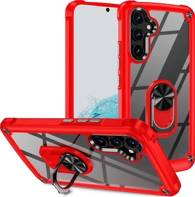 Multiple views of a red and transparent phone case with a ring holder, displayed on a white background.