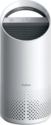 A white and silver air purifier.