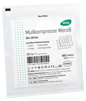 Produktbild von Mullkompresse Wero8, steril, 10 x 10cm, 2 Stk/Pkg