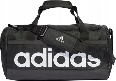 A black Adidas duffel bag with white lettering.