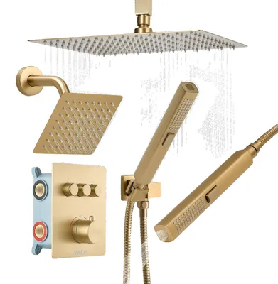 Image de Kit de système de douche VEVOR, comprenant une douchette de pluie de 30 cm / une douchette murale de 15 cm / (3 fonctions), avec finition plaquée or