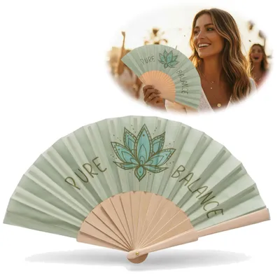 Produktbild von LS-LebenStil Handfächer aus Holz Stoff "PURE BALANCE" Bali Grün Fächer faltbar Faltfächer mit coolem lustigem Spruch Geschenk Hochzeit Party Wanddeko