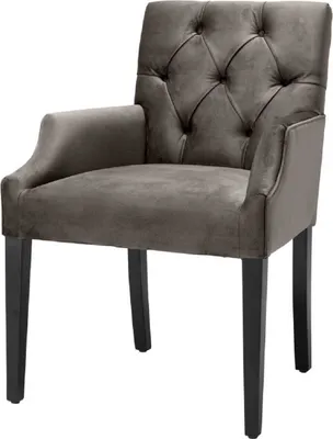 Produktbild von Casa Padrino Luxus Esszimmerstuhl mit Armlehnen Grau / Schwarz 63 x 65 x H. 90 cm - Chesterfield Küchenstuhl mit edlem Samtstoff - Luxus Esszimmer Möbel