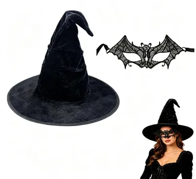 Hexenhut mit Spitzenmaske, Samt, Breitkrempe 37 cm, für Erwachsene