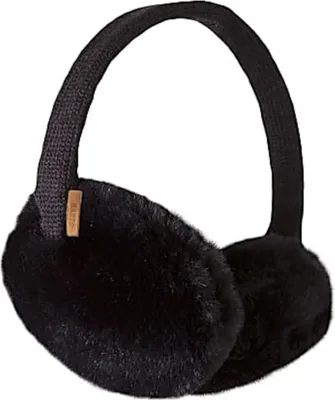 A pair of black plush earmuffs on a white background.