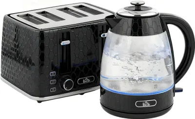Produktbild von 1,7L 2200W Schnellkoch-Wasserkocher und 4-Scheiben-Toaster-Set mit Kalkfilter, Schwarz