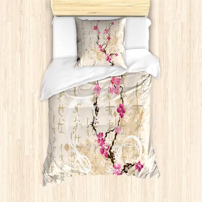 Obrázok produktu pre ABAKUHAUS Sada obliečok na posteľ Kirschblüte, maľba v štýle japonského kvetu čerešne na grungy pozadí s nápisom, 135 x 200 cm + 80 x 80 cm, viacfarebná