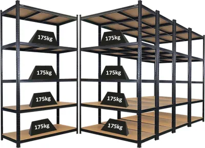 Produktbild von Mega Deal | 5x Schwerlastregal Giant Ragnar | HxBxT 200x120x50cm | 5 MDF-Platten-Ebenen | Fachlast 175kg | Schwarz