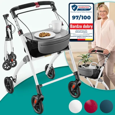 Zdjęcie produktu dla Rolator wewnętrzny ELONEO o szerokości 54 cm, składany i lekki, z tacą i koszykiem z tkaniny, wąski rolator do domu, rolator wewnętrzny, składany, biały