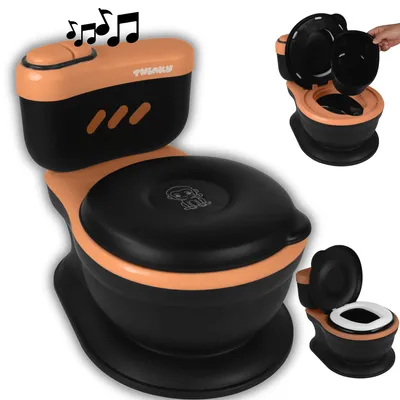 A child's potty training toilet with musical notes above it, and inset images showing its components and a smaller version.